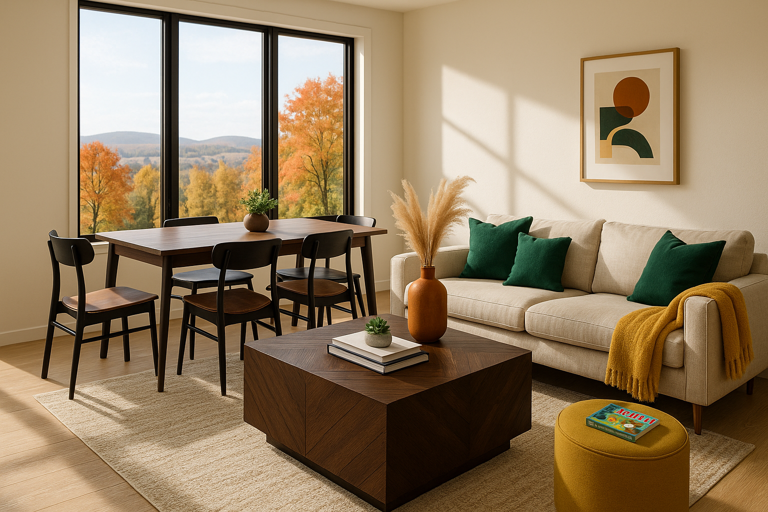 add dark furniture and a coffee table, make it less boring 